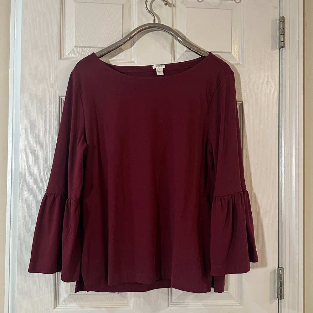 J.Crew Burgundy Bell Sleeve Boatneck Knit Top XL Maroon Wine Tiered Sleeve
